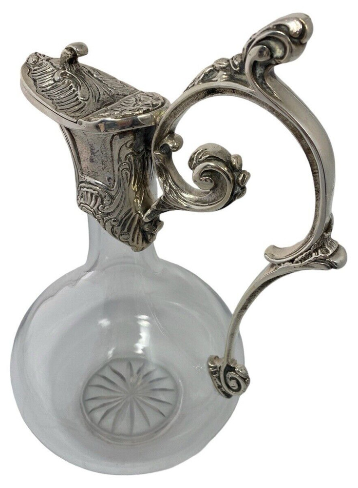 ANTIQUE FRENCH SILVERPLATE SOLID BRONZE CRYSTAL CARAFE PITCHER DECANTER