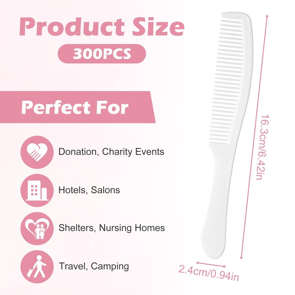 300 Pcs Disposable Combs in Bulk - Individually Wrapped Plastic Unbreakable L...