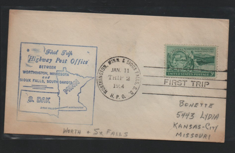 1954 Worthington & Sioux Falls Highway Post office HPO Trip 2