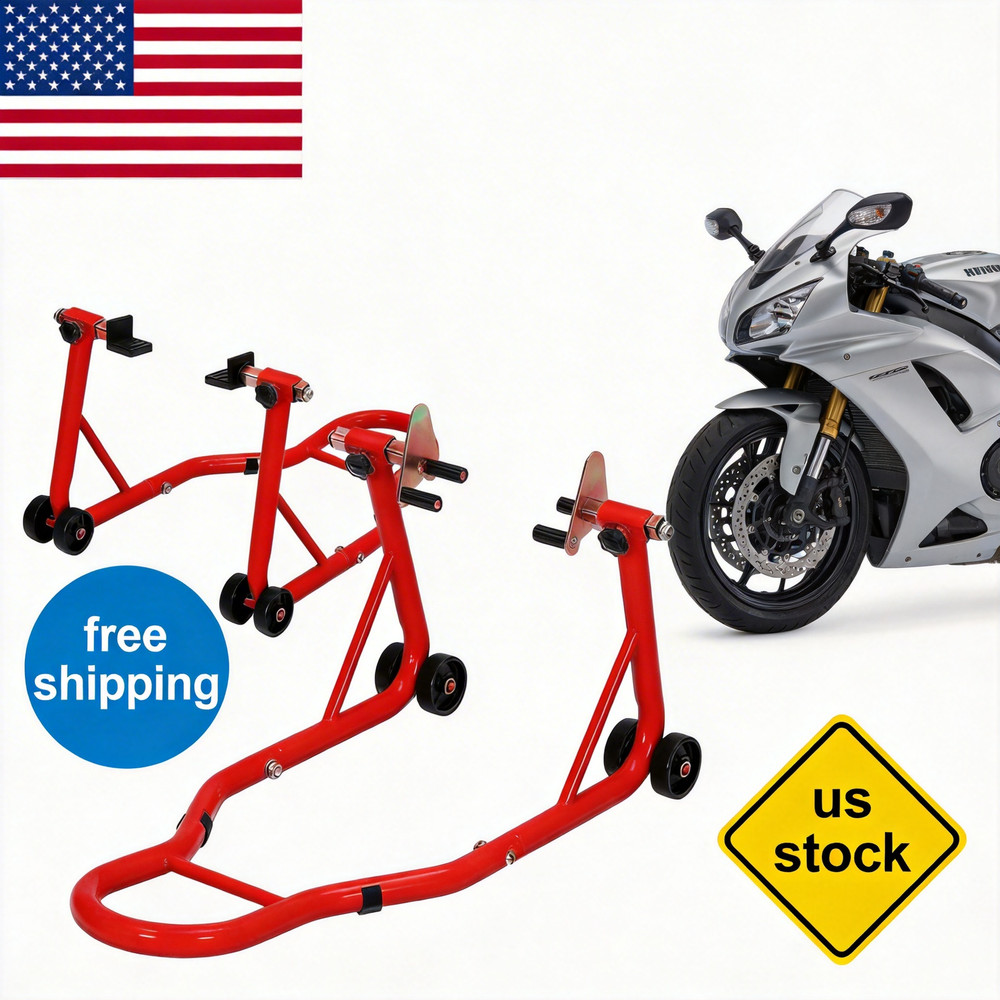 900lbs Motorcycle Front & Rear Stand Combo Universal Wheel Paddock Lift