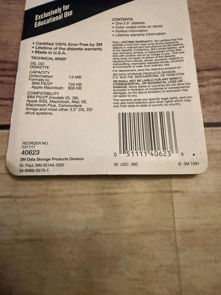 3M DS DD 3.5" Diskettes Formatted IBM Double Sided/Density Sealed Single Pack