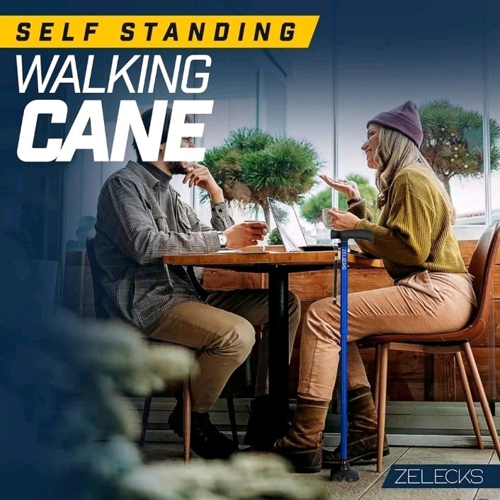 🩼 Zelecks Folding Cane 360° Pivot Base Adjustable Self-Standing Blue