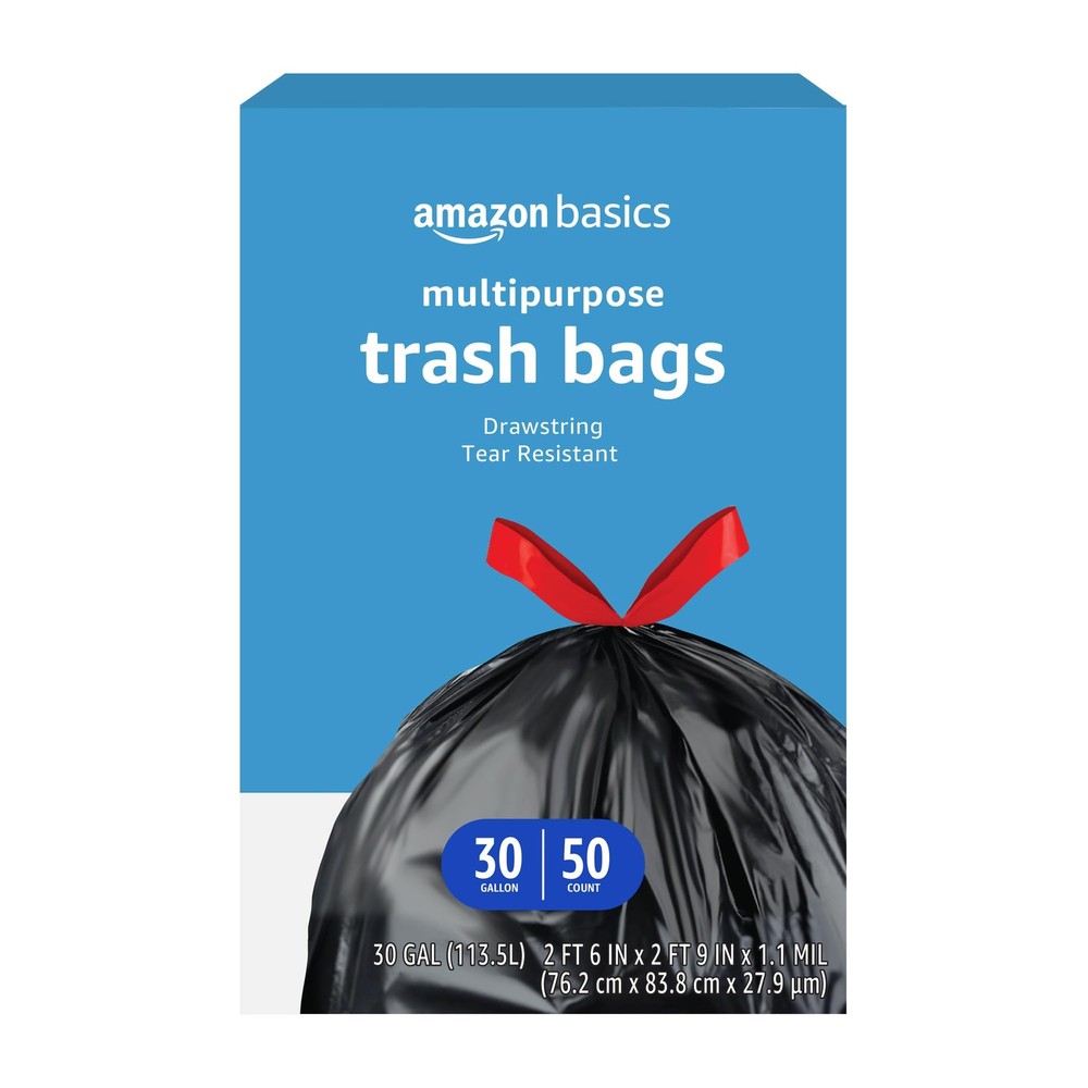Amazon Basics Multipurpose Drawstring Trash Bags 30 Gallon Capacity Tear