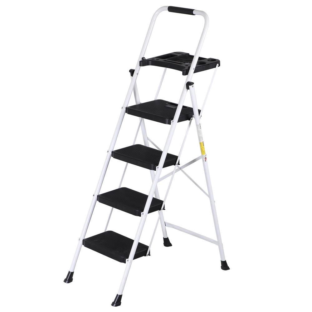 4 Step Ladder with Tool Platform Folding Step Stool with Anti-Slip Pedal White