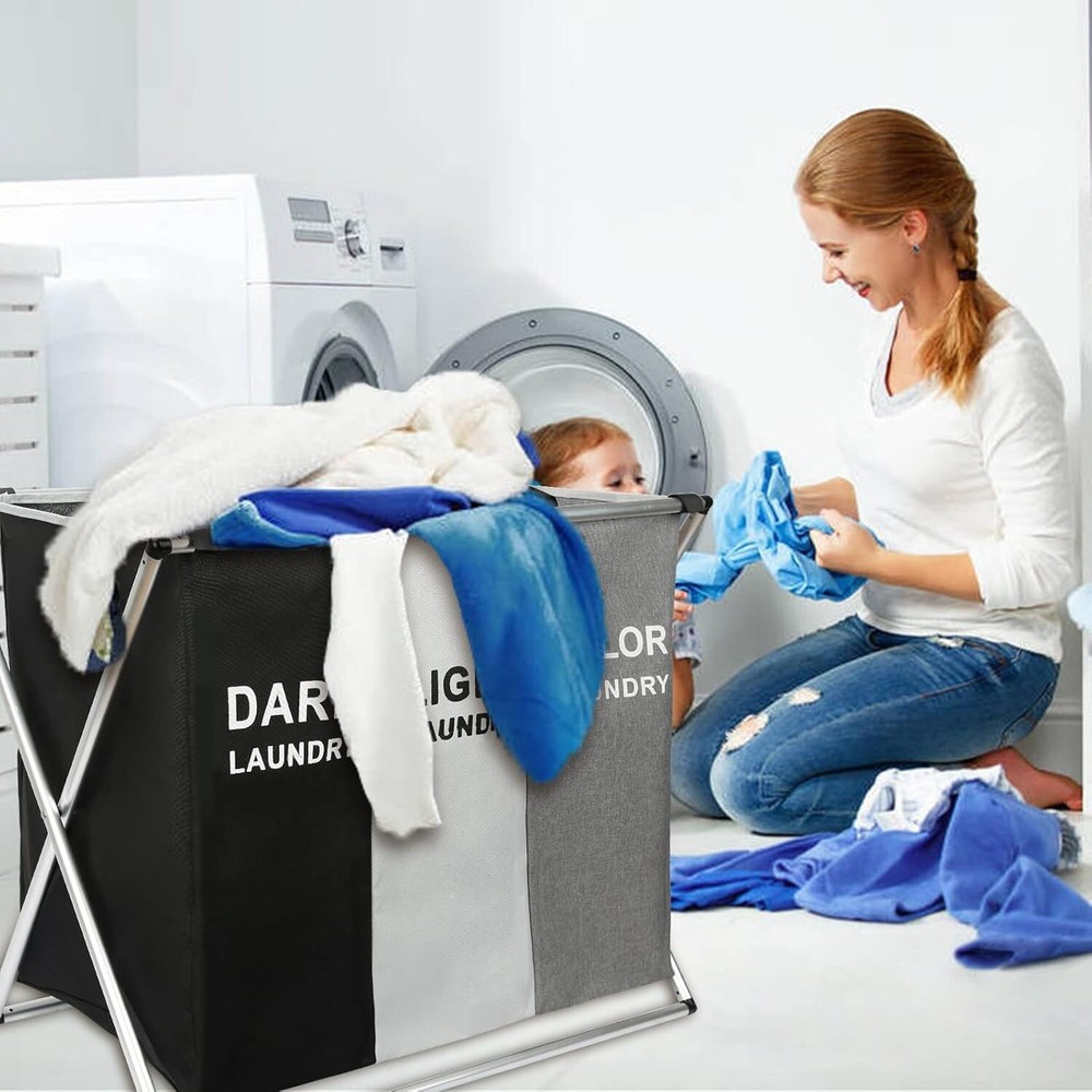 Large Laundry Basket 3 Section Foldable Dirty Clothes Hamper Storage Sorter Bag