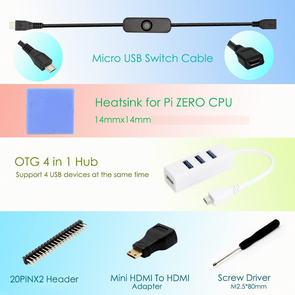Pi Zero Aluminum Case Kit with Pin Header, OTG Hub, HDMI Adapter, On/Off Switch