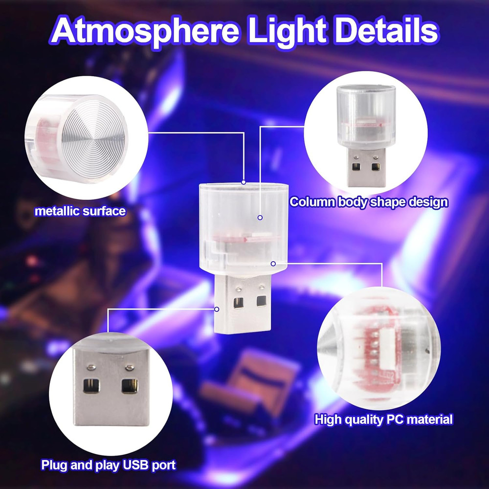 USB LED Car Interior Night Light, 2 Pcs Universal Mini USB LED Decoration Light,