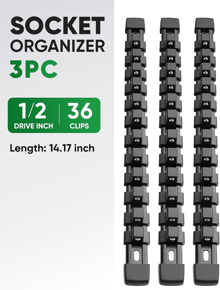 3PC ABS Socket Organizer, Socket Rails Fit 1/2 Inch Drive, Heavy Duty Socket Hol