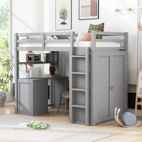 Twin Full Size Loft Bed with Desk Wardrobe Storage Cabinet Solid Wood Bed Frames