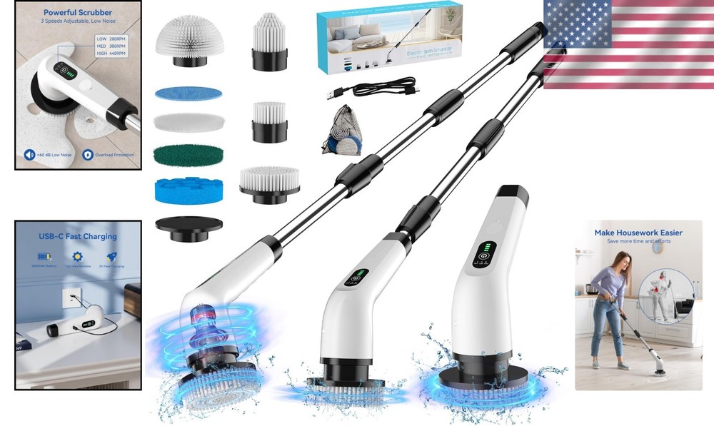 Multi-Surface Electric Spin Scrubber - 440 RPM Power & Adjustable Length Handle
