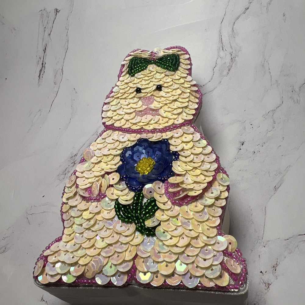 Vintage Easter Bunny Beaded Sequined Trinket Box Gift Holder Spring Decoration
