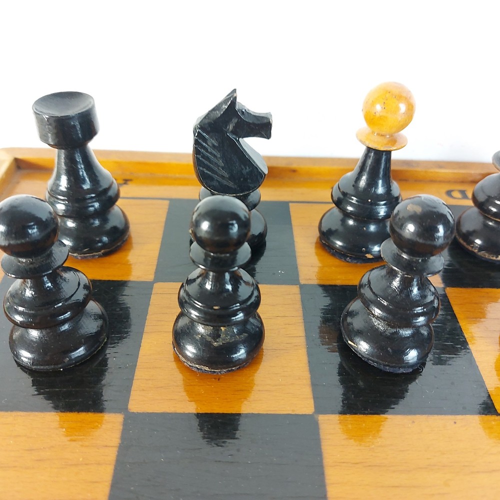 Vintage Romanian Chess Set with large foldable storage board c.1960s