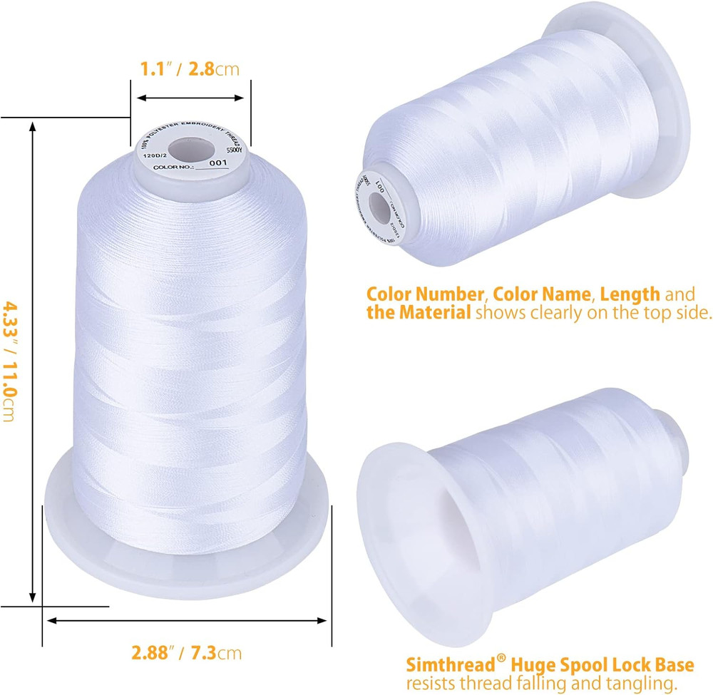 Embroidery Thread 5500 Yards White 001, 2 Huge Spools 40Wt Polyester for Brot...