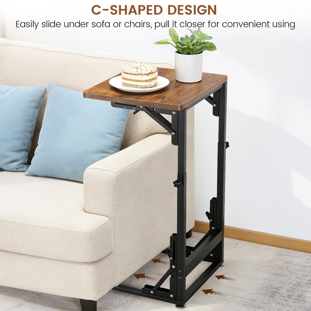 Folding Side Table, Adjustable C-Shaped End Table for Couch, Metal Frame TV T...