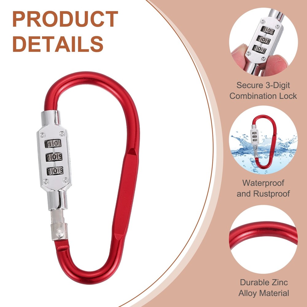 2 Pcs 3.8" x 1.8" D-Shaped 3-Digit Code Combination Lock D-Ring Clip, Red