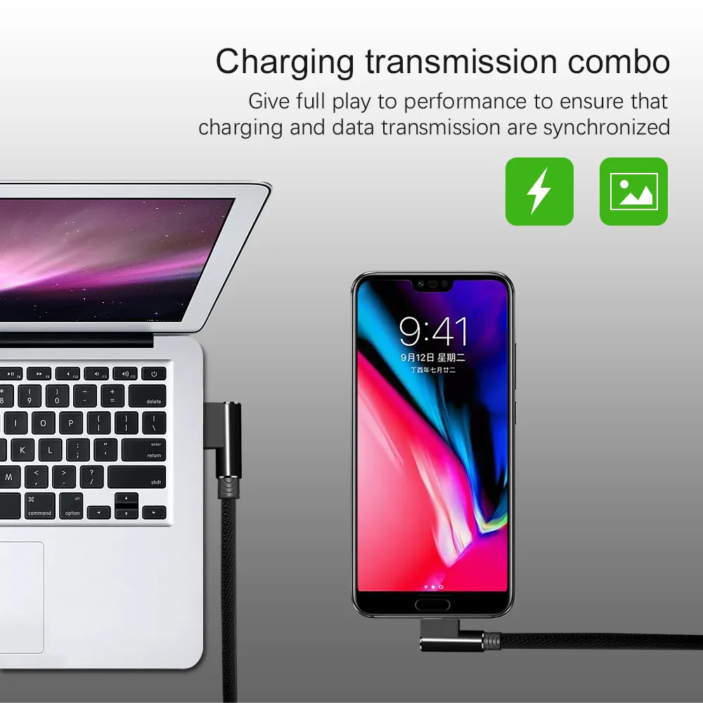 USB Type C Cable 90 Degree Right Angle Design USB-A to USB-C Charger Data Cord