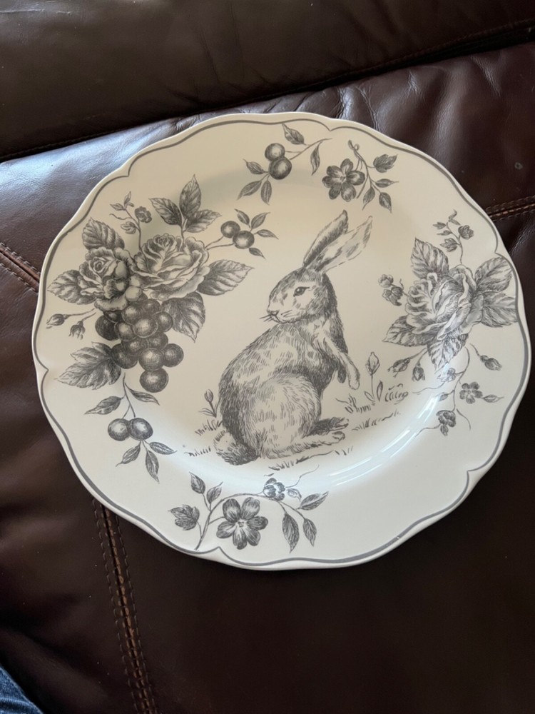 New Maxcera Toile Bunny Gray Grey Rabbit Easter 11 1/2 Plate
