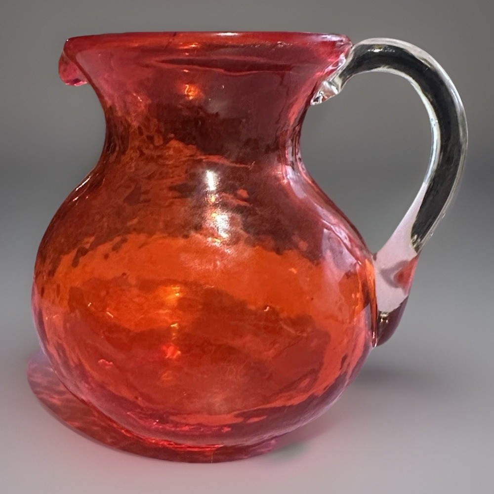 Ruby Red Handblown Crackle Glass Small Creamer Pitcher Applied Clear Handle 3.5”