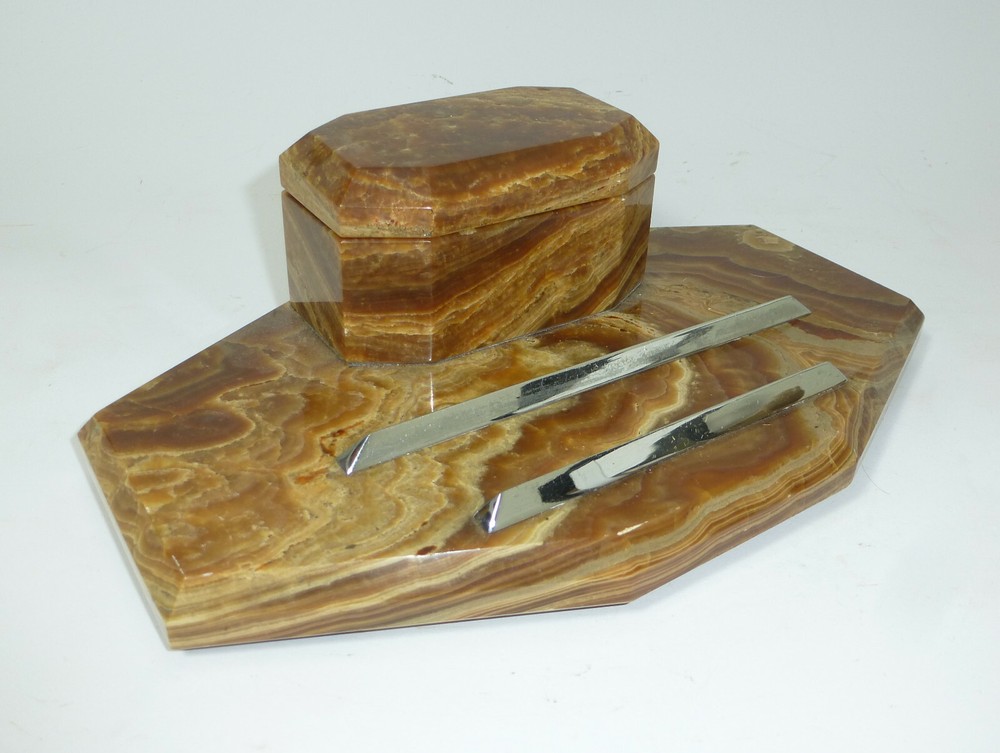 Art Deco Writing Set Inkwell Eraser About 1920 Onyx