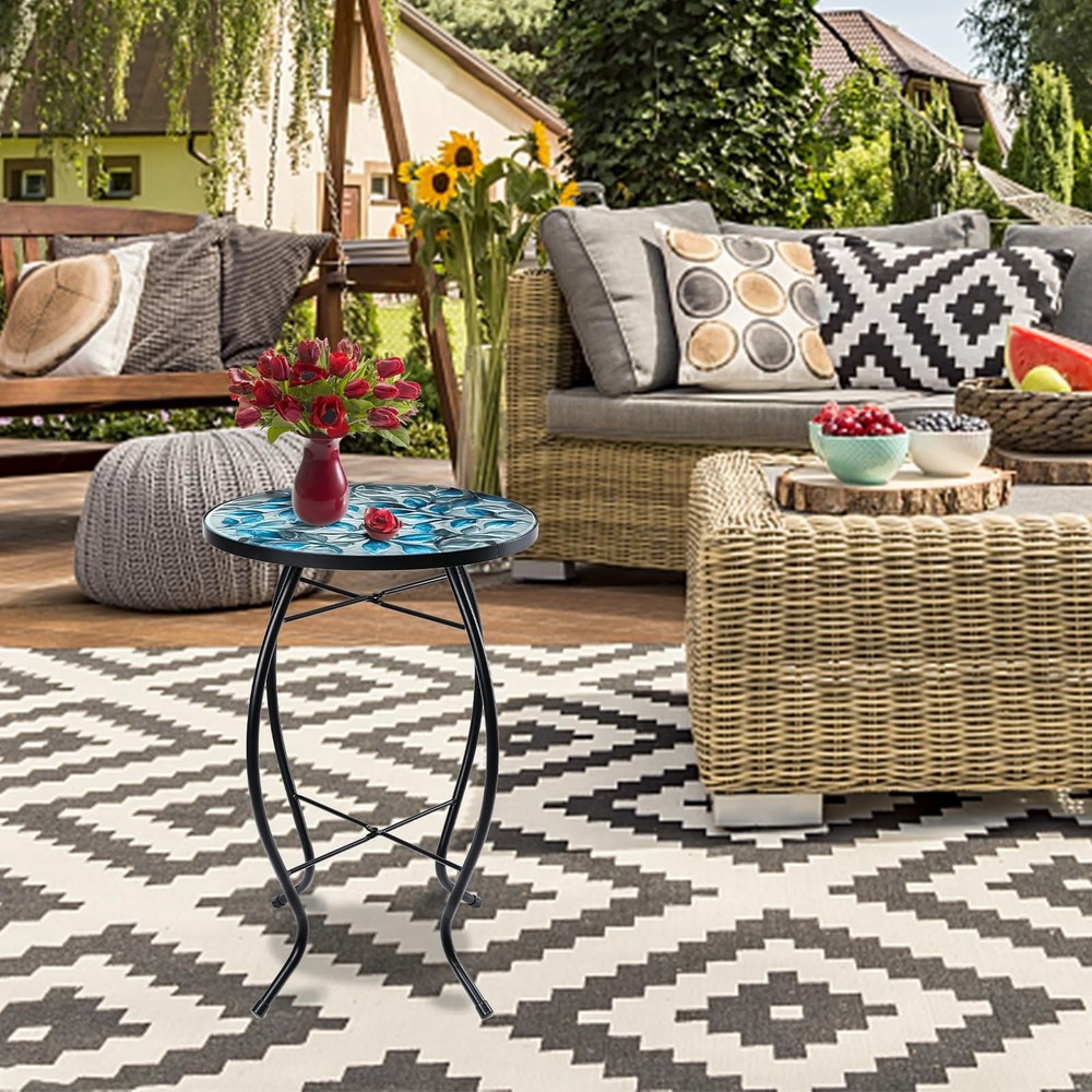 Side Patio Tables-Mosaic Outdoor Side Table - 14’’ Blue and Transparency Leaf...