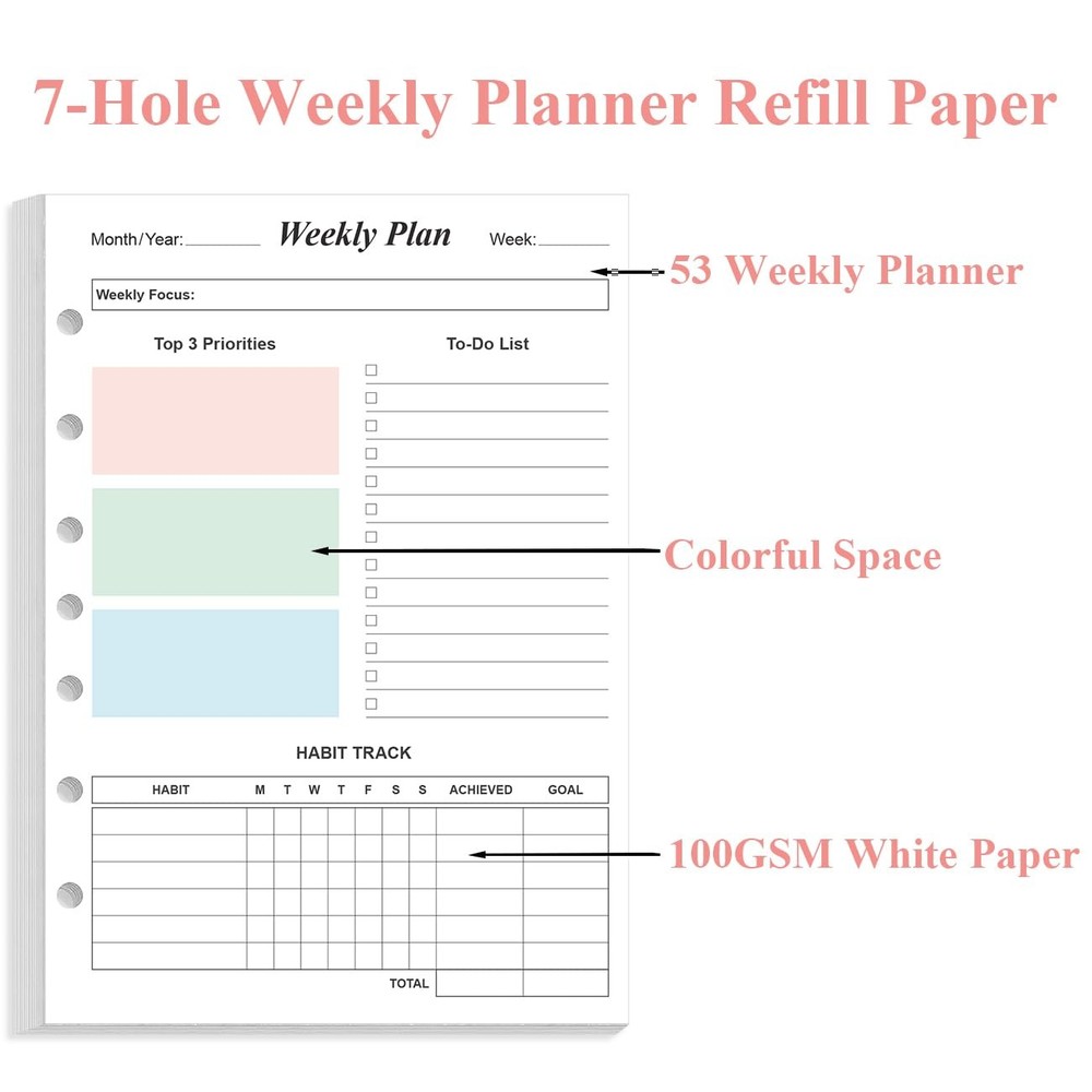 Weekly Planner Refills for 3 or 7 Ring Mini Binders - 53 1-Pack, Colorful