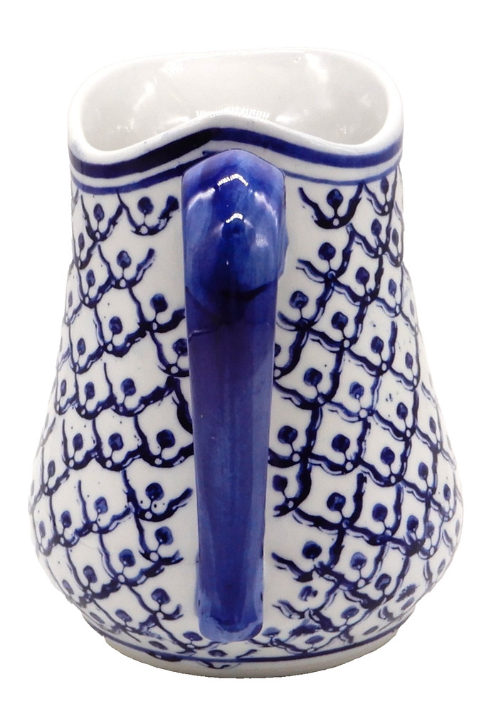 Blue & White Fishnet Pattern Ceramic 32 oz. Pitcher 6.75” Tall
