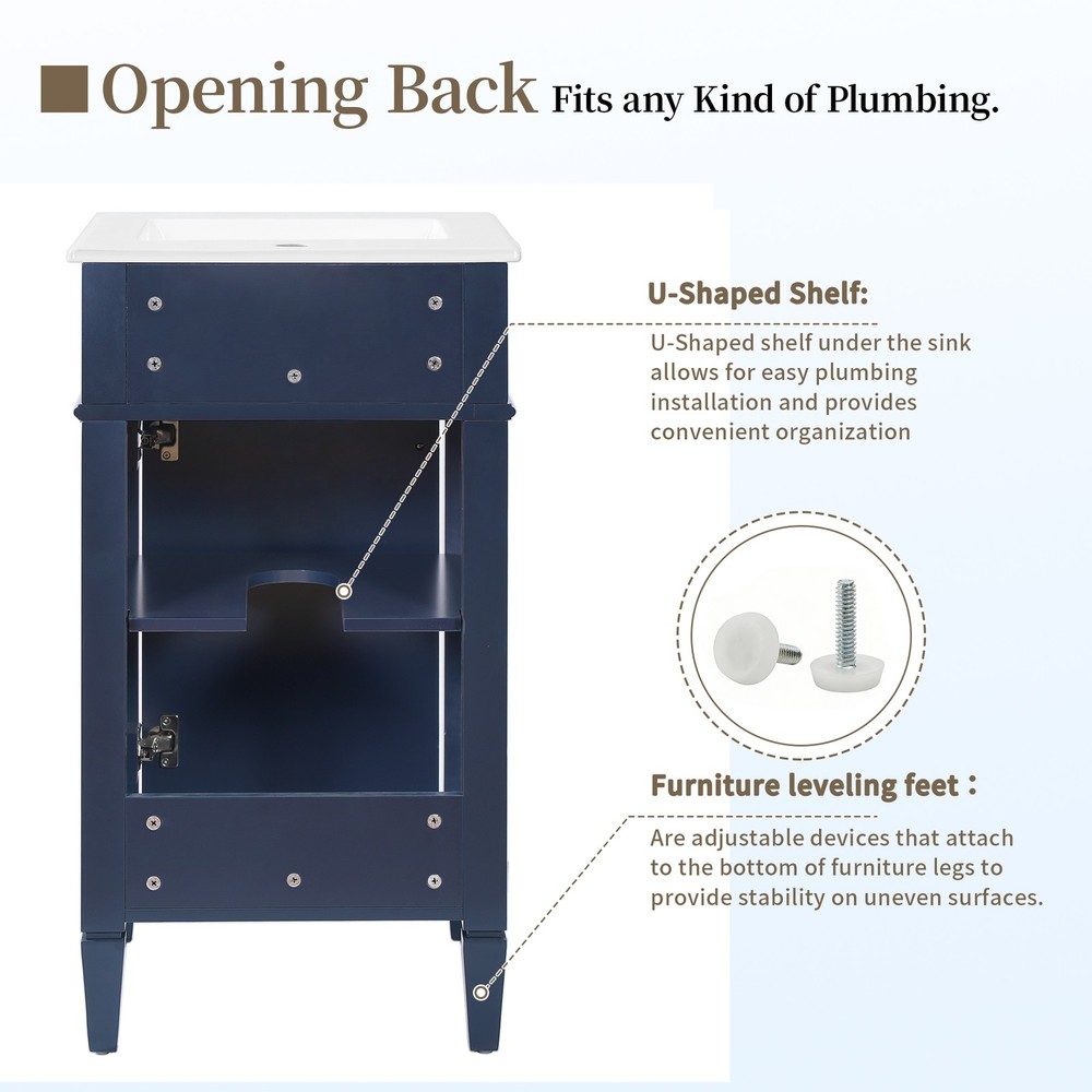 FUNIDEE 18" Single Bathroom Vanity Storage Cabinet with Ceramic Sink Combo Blue