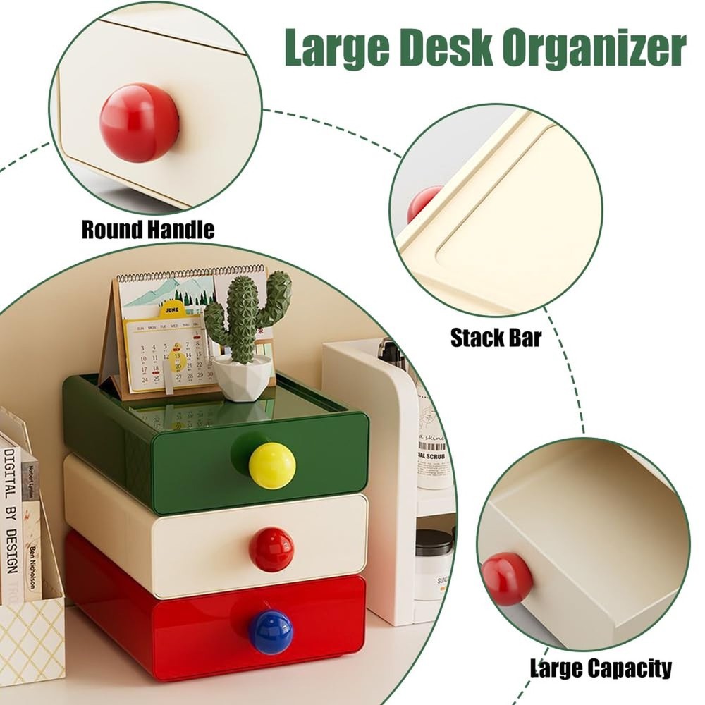 4Pcs Desk Organizer, FHDUSRYO Stackable Desktop Storage Box with Drawer, Larg...