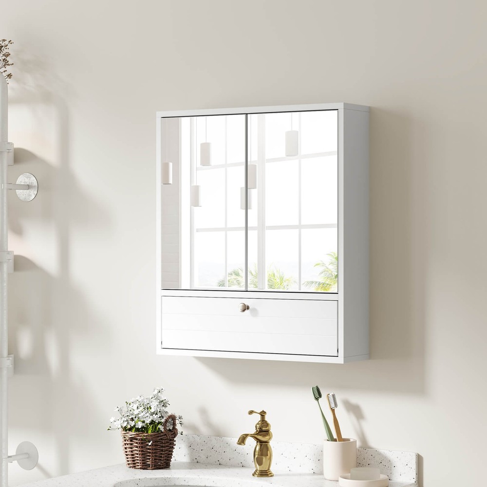 Wall Mounted Cabinet Bathroom W/Clear Mirror& Large Storage Space Shelf White