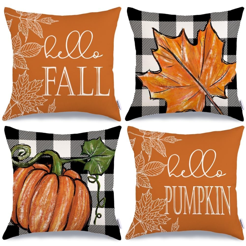 Fall Decorations Pumpkin Maple Leaves Buffalo Plaid Pillow Covers 4PCS 18"x18"