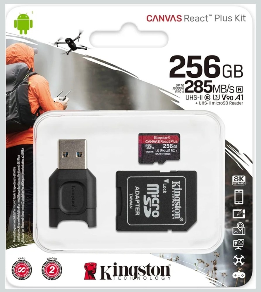 Kingston Canvas React Plus 256GB MicroSDXC V90 UHS-II High Speed Memory Card USB