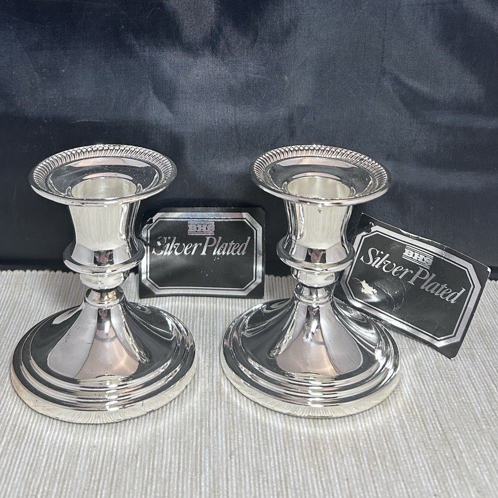 Vintage BHS Silver Plated Candlesticks Pair Short with Tags Un-used