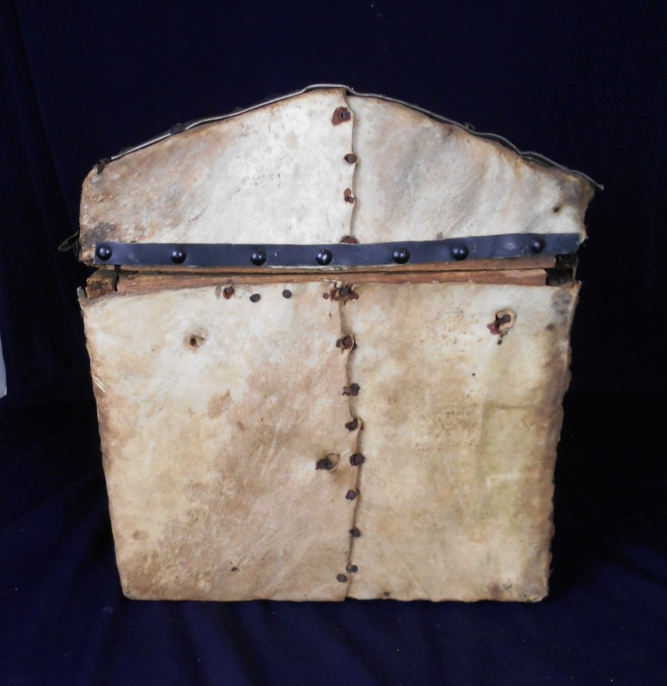ANTIQUE PRIMITIVE HIDE COVERED DOME TOP TRAVELING TRUNK