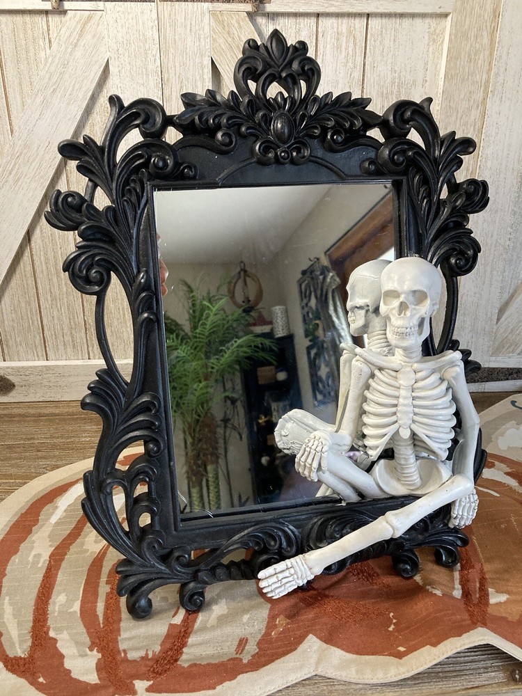 Skeleton Mirror | Halloween Gothic Decor | Ornate Black Framed Mirror