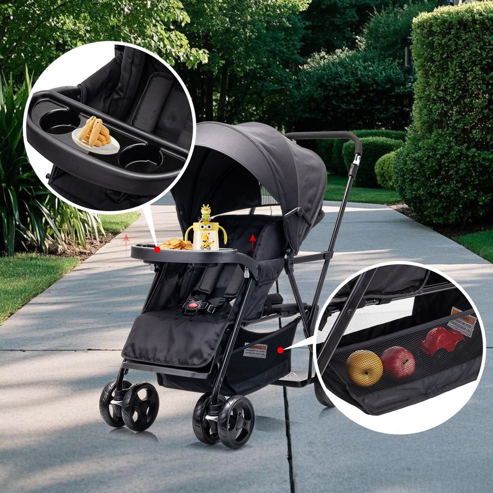 Sit and Stand Double Stroller with Standing Platform,Lightweight Travel，Black