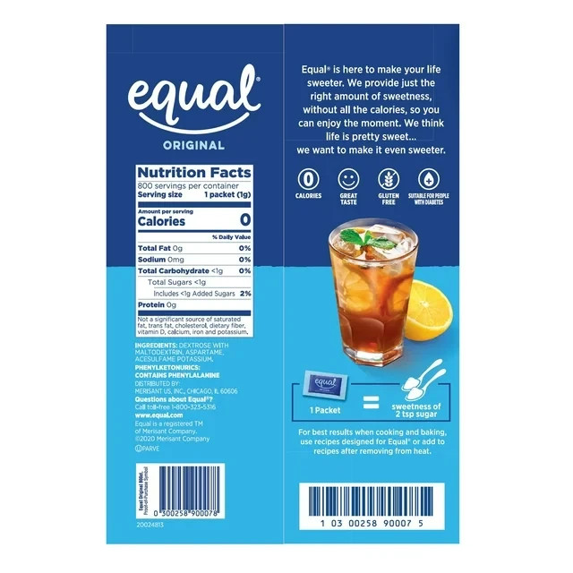 EQUAL Zero Calorie Sweetener, Sugar Substitute, 800 Packets