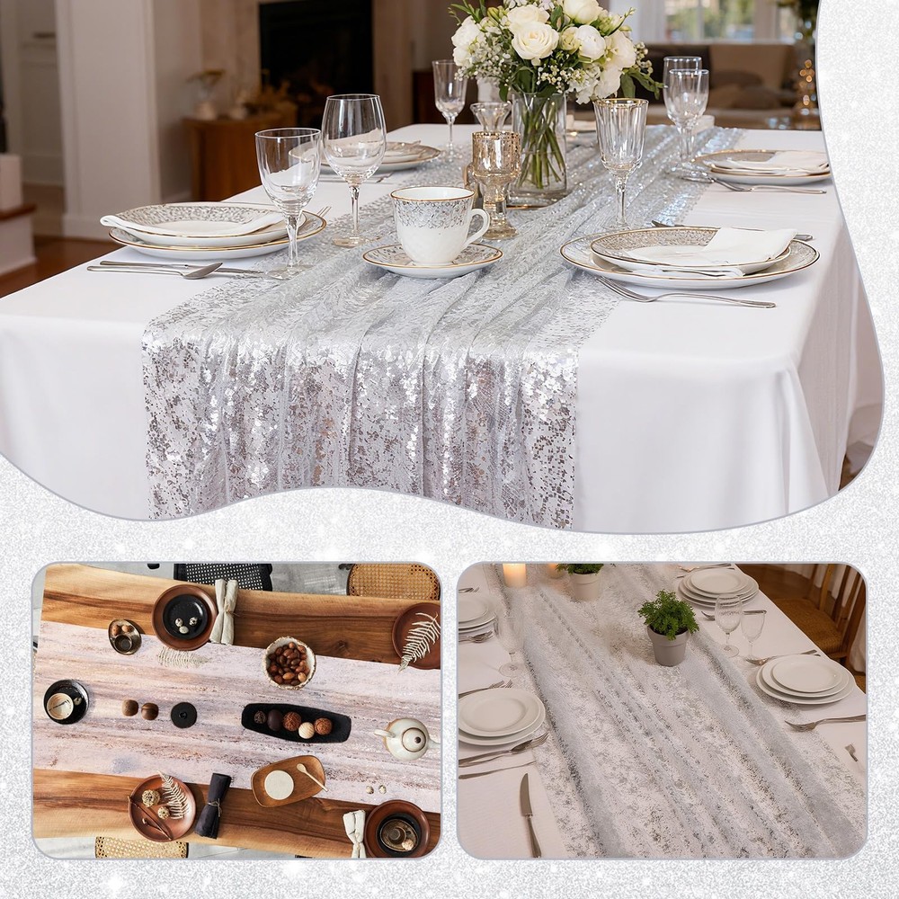 Silver Table Runner 6 PCS 10Ft Sheer Chiffon Cheesecloth Sequin Glitter Wedding