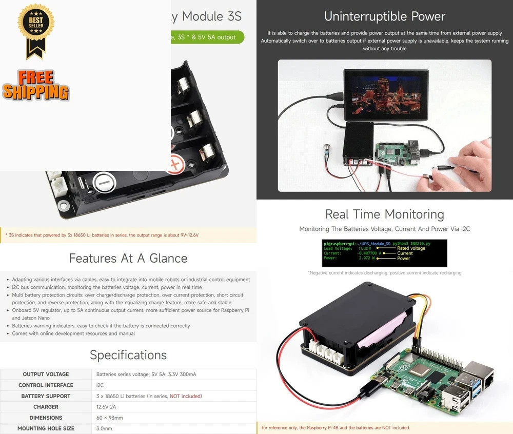 Waveshare Uninterruptible Power Supply (UPS) Module, UPS Module 3S (EN)