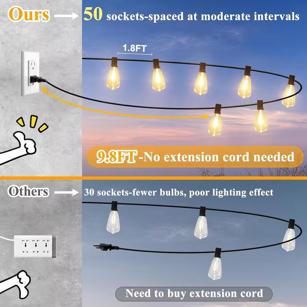 LED Outdoor String Lights 100FT Vintage Edison Bulbs Shatterproof Plug In