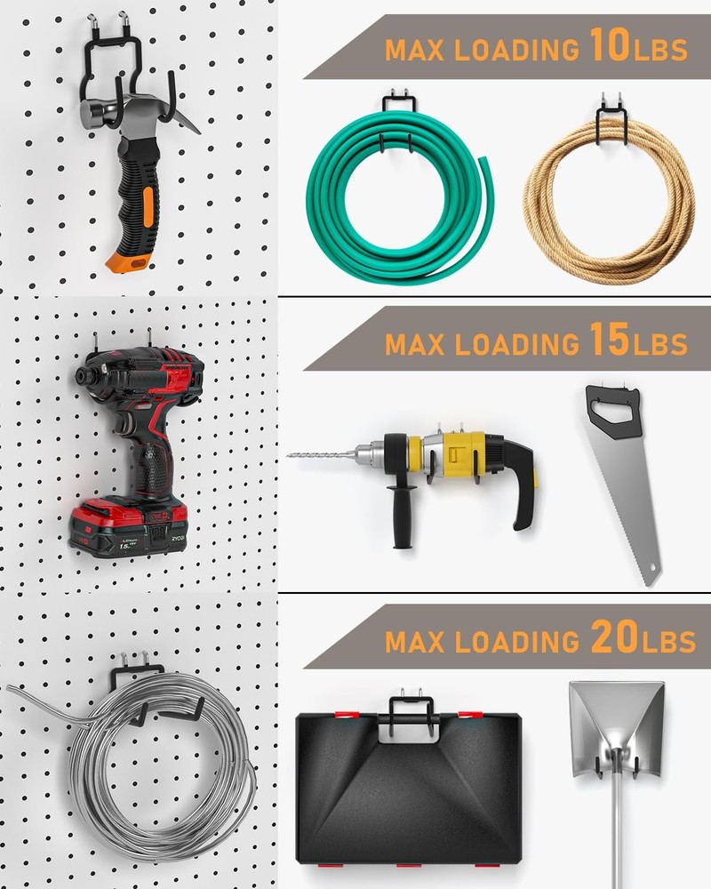 Heavy Duty Pegboard Hooks 1/4" - Tool Hangers for Garage, Workbench, 10 Pack
