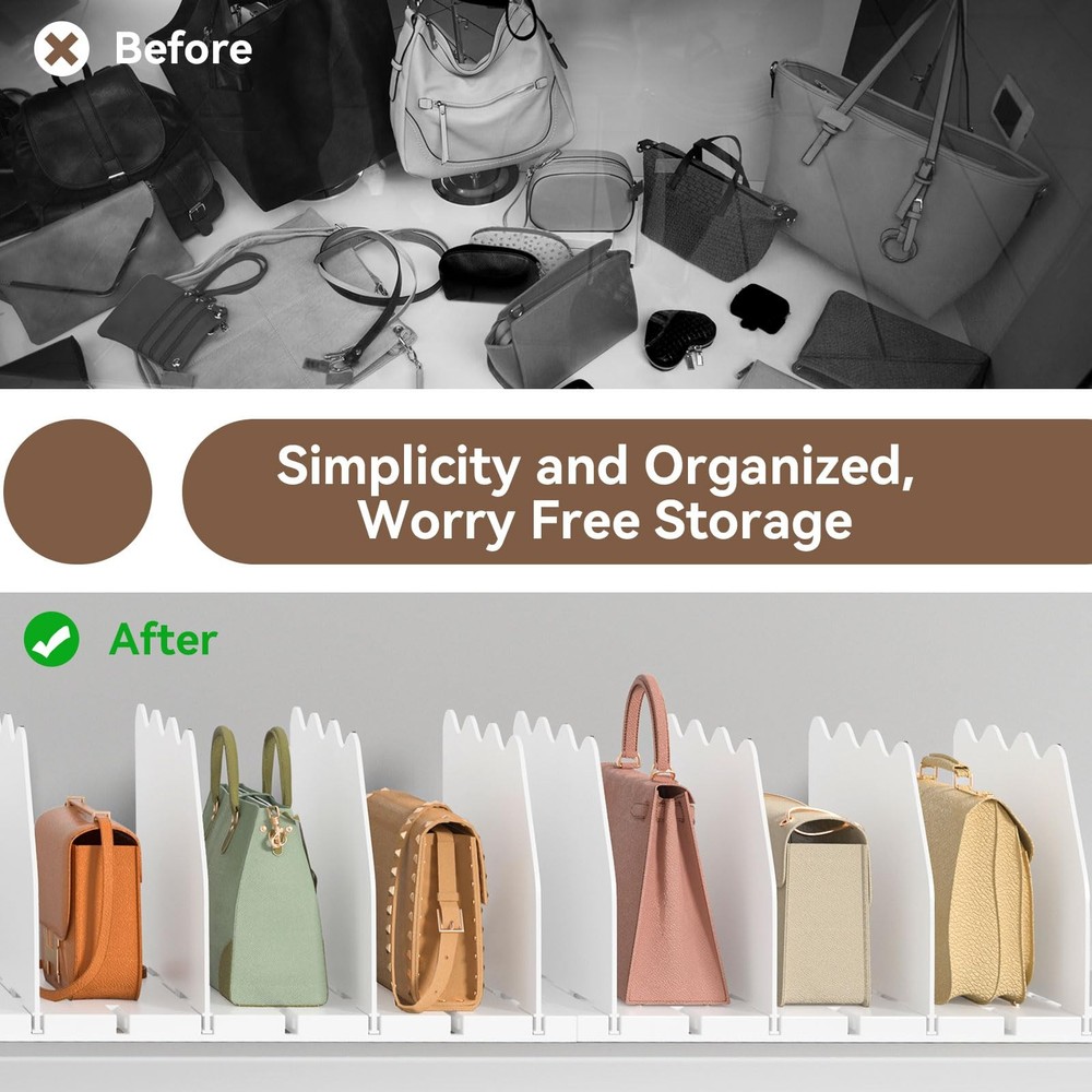 White Adjustable Clear Acrylic Purse Organizer for Closet Shelf Divider