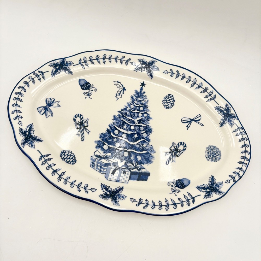 Potters Studio Blue White Christmas Tree Serving Platter Holiday Serving Dish