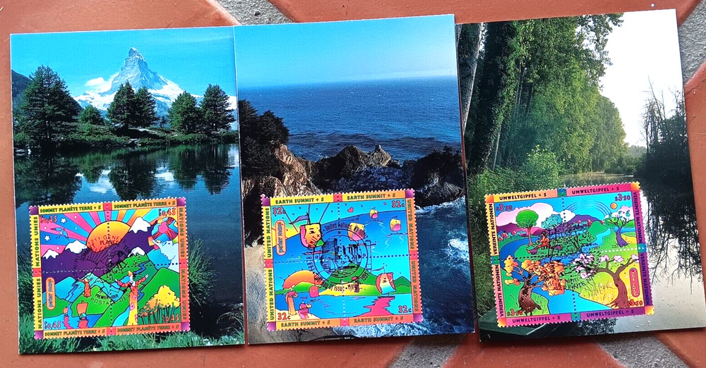 PETER MAX EART H SUMMIT 1997 COMPLETE  SET 3 PETER MAX STAMPS FIRST DAY CARDS UN