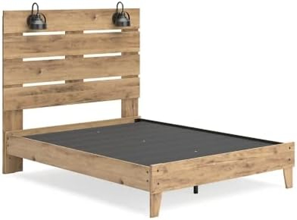Rustic Queen Headboard with 2 Sconce Lights - Light Brown Finish
