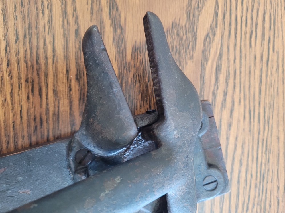 Antique Cast Iron Nut Cracker Hand Vise Primitive Tool Mounted on Wood Board