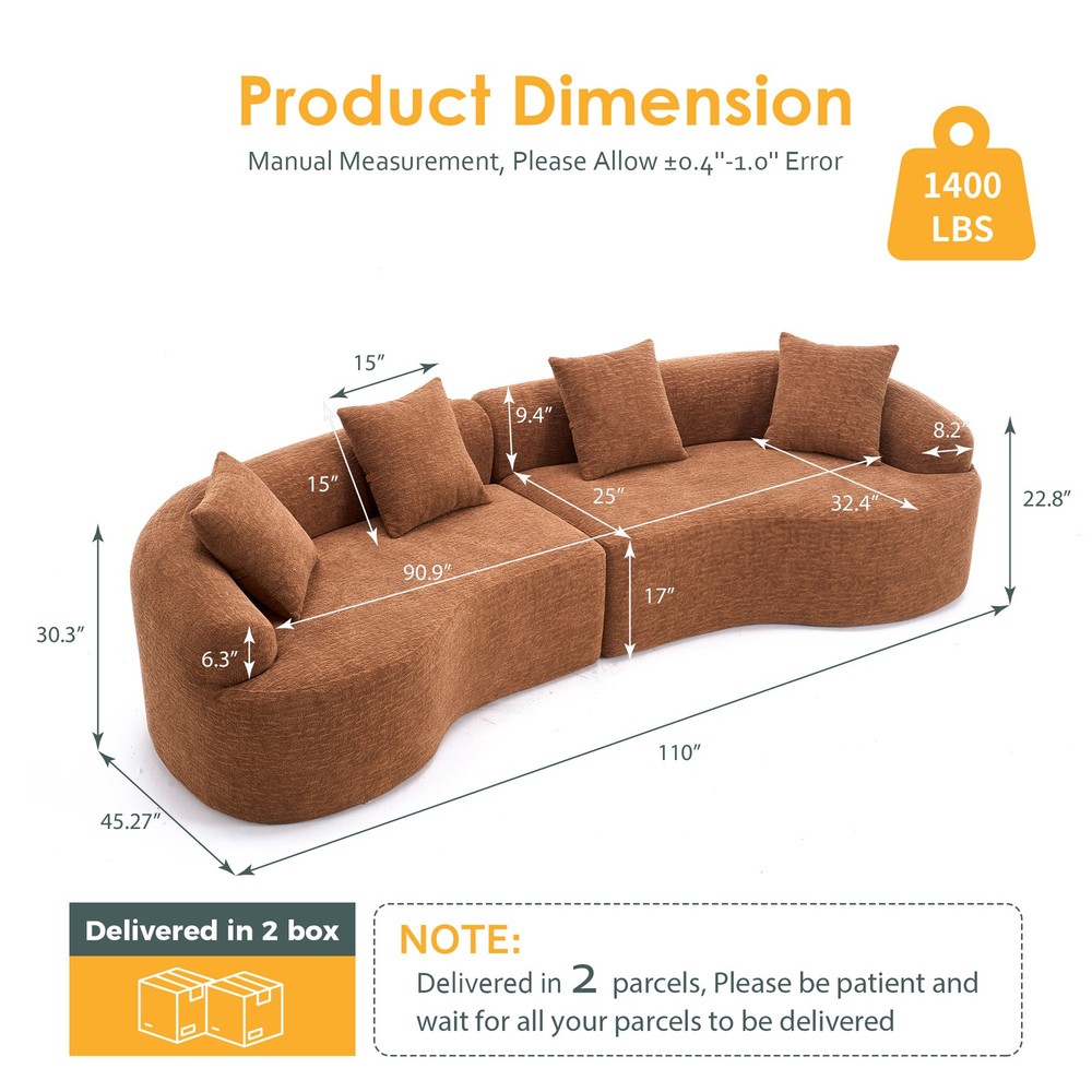 Compression Sponge Sofa Orange Curved Modular Sectional, 30D High-Density Chen