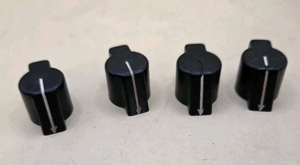4 Used Black Bakelite Winged Pointer Knobs 60's 70's 1/4 Shaft Brass Insert