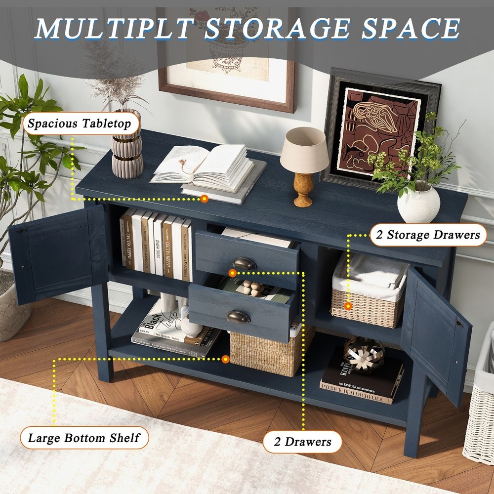 46'' Retro Solid Wood Sideboard Console Table w/Bottom Shelf & Storage Cabinets