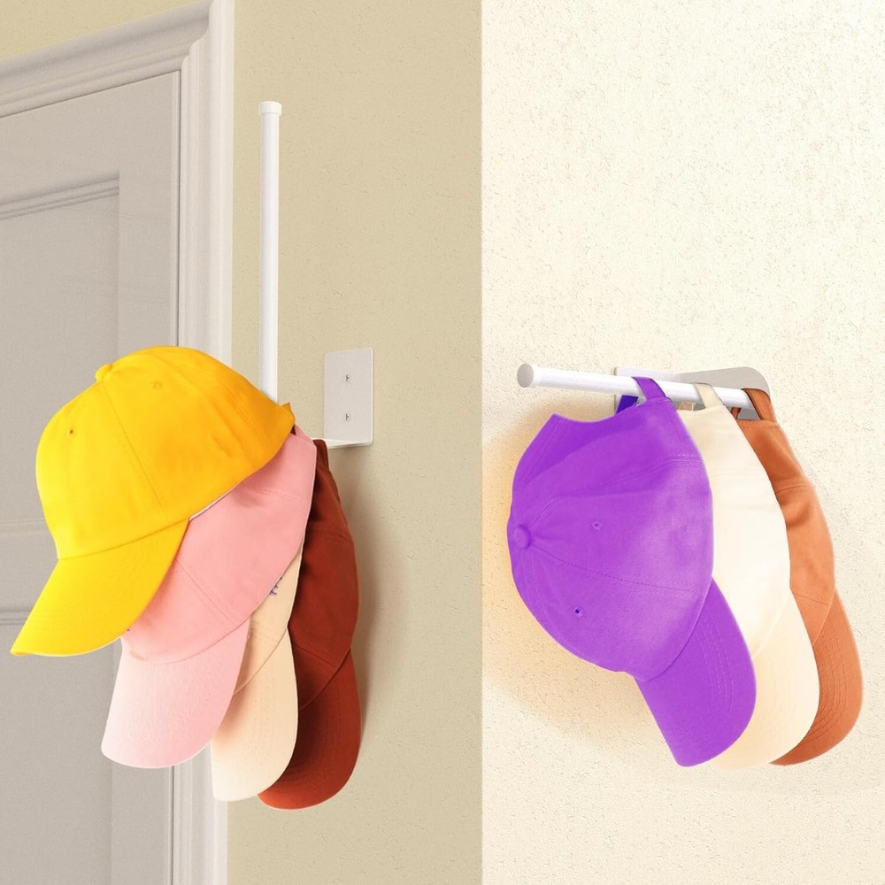 Space-Saving 2 Pack White Hat Racks - Strong Adhesive and Wall Drilled Options