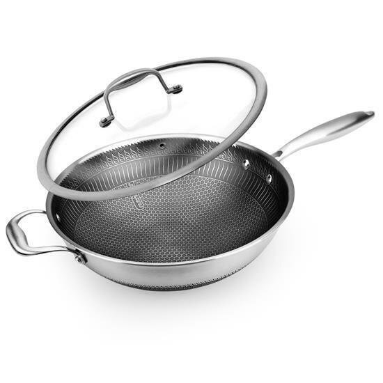 NutriChef 12'' Durable Wok Set with DAKIN Etching Non-Stick Coating - Silver